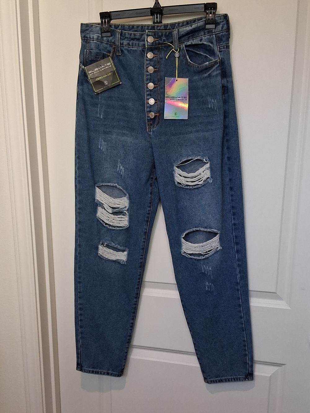 Elite Jeans Women’s Distressed High-Rise Button-Fly Jeans - Blue